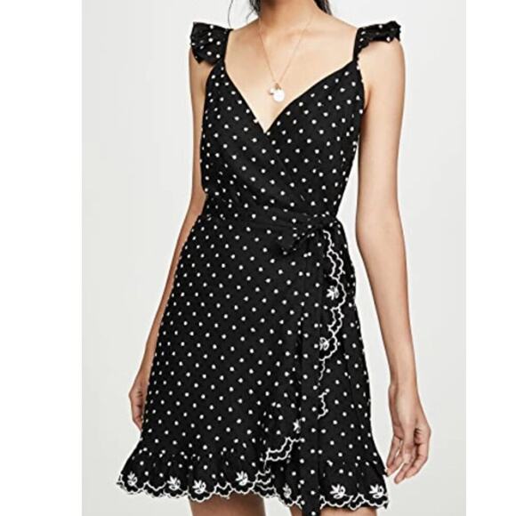 NWT Wayf Simone Linen Blend Ruffle Wrap In Black Polka Dot Embroidery, Size M 🗣 - Picture 1 of 3